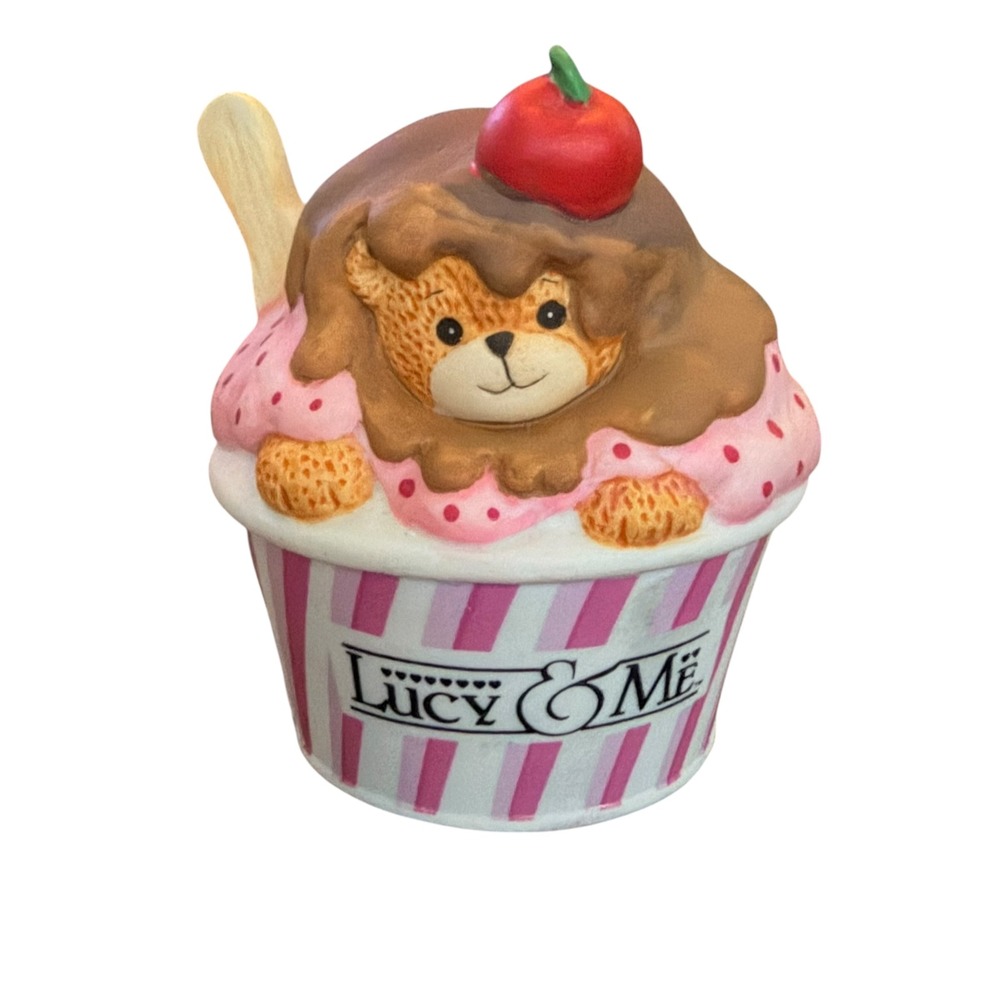 Lucy & Me Enesco Teddy Bear Ice Cream Sundae Figurine 1992 Ceramic Pink 3in